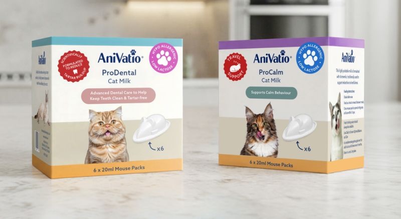 The AniVatio Cat Milk Supplement range — ProDental and ProCalm boxes of 20ml mouse packs