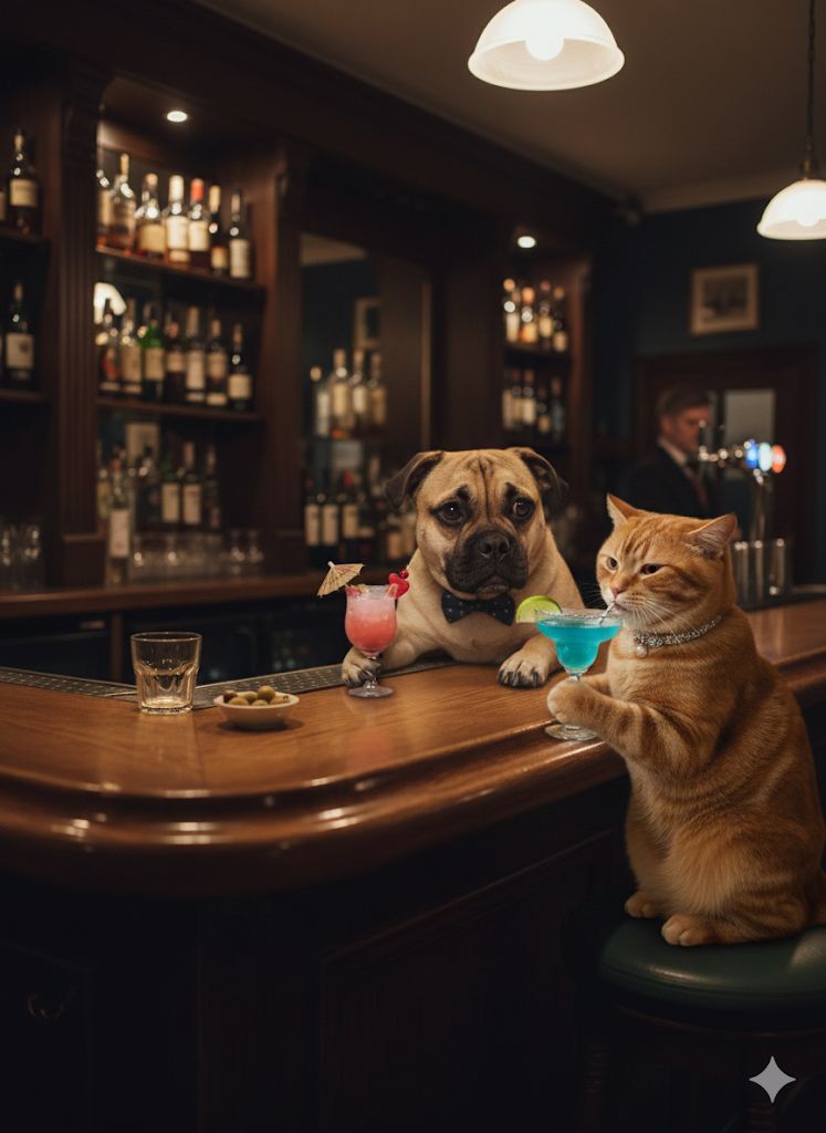 Lisa Hilton's AI-generated image of her cat Pops and dog Pearl sharing cocktails at a bar