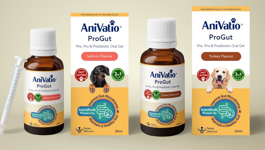 AniVatio ProGut Oral Gel range — Salmon Flavour 30ml and Turkey Flavour 60ml bottles with cartons and dosing syringe