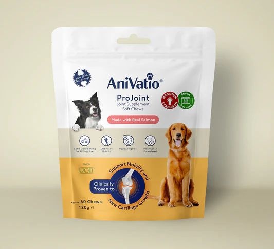 AniVatio ProJoint joint supplement soft chews pouch, with a border collie and a golden retriever pictured on the packaging