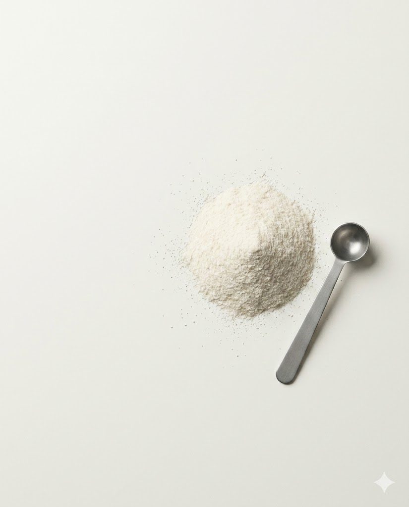 Hydrolysed collagen peptide powder and stainless scoop on a pale surface