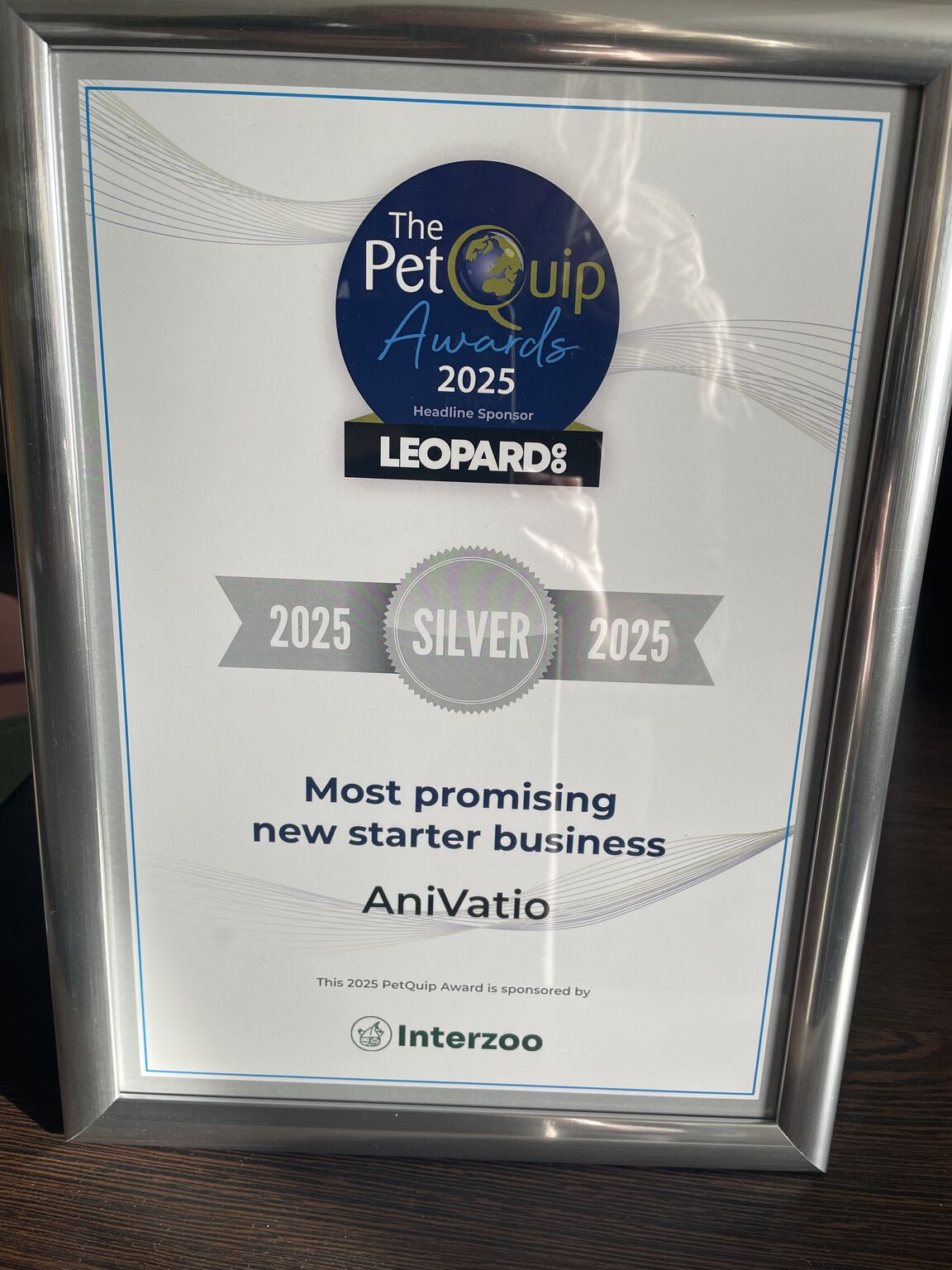 Framed PetQuip Awards 2025 silver certificate — Most Promising New Starter Business, AniVatio