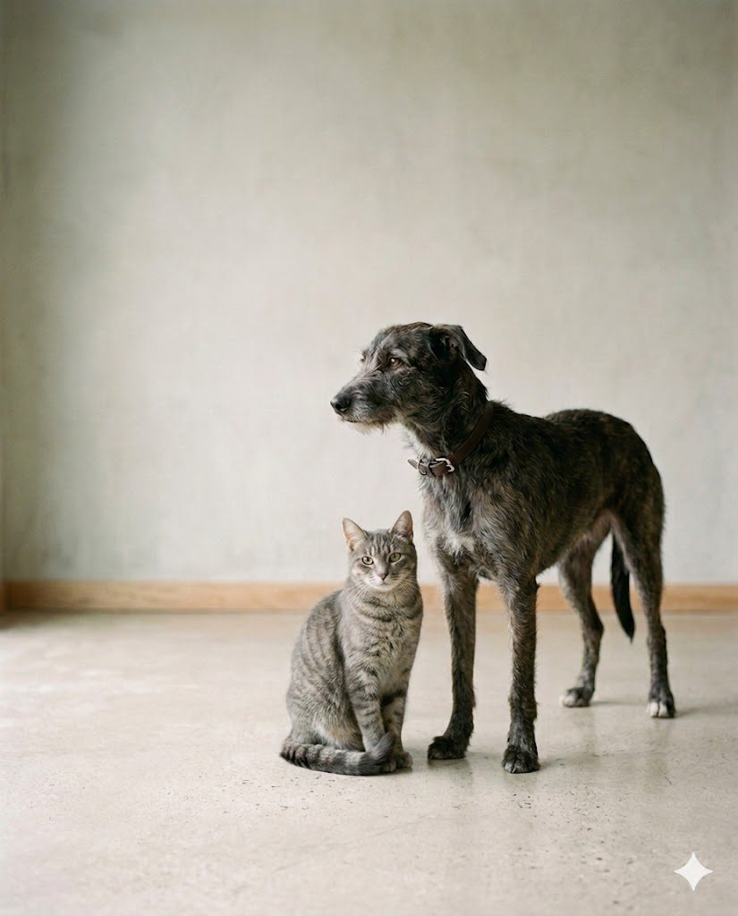 Lurcher dog and grey tabby cat on a pale concrete floor against a sage wall