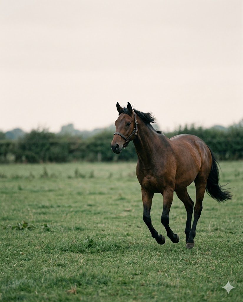 Bay horse cantering across an English paddock